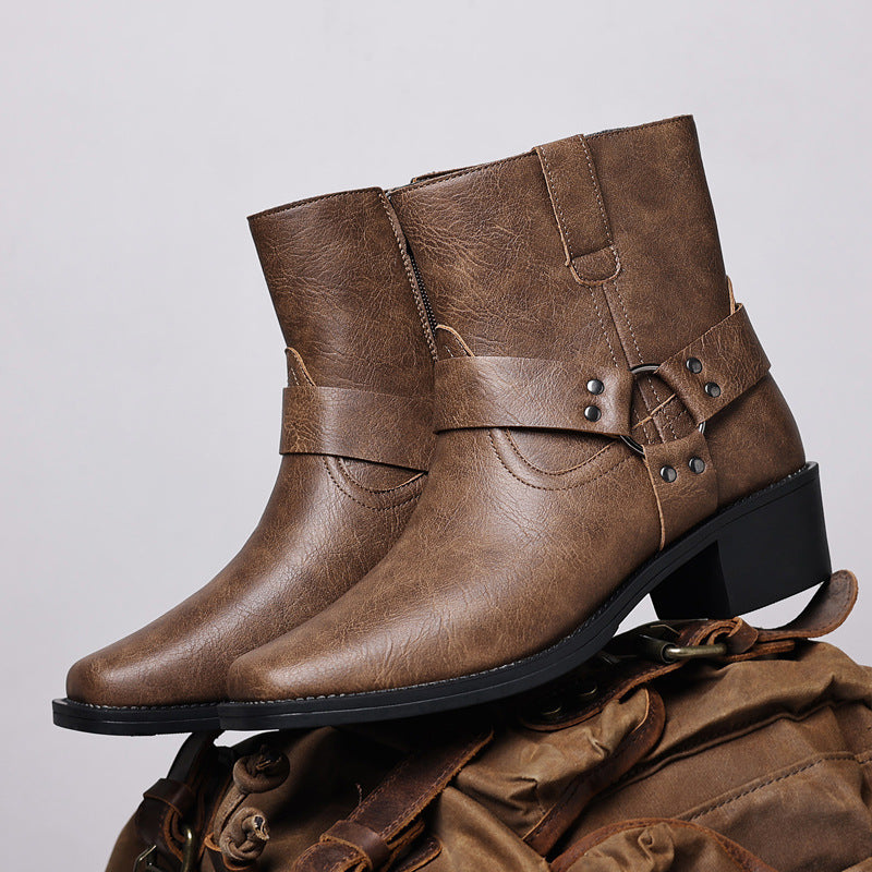 Men's dress shoes Men's leather boots Vintage British high-top short boots Rivets Metal buckle side zipper Thick heel Square head