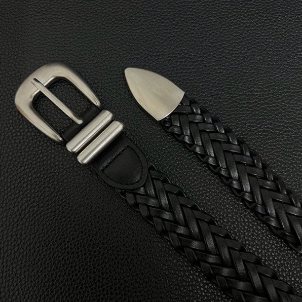 American vintage-style leather belt retro old matte hand-woven belt free punching men's and women's simple and versatile black belt