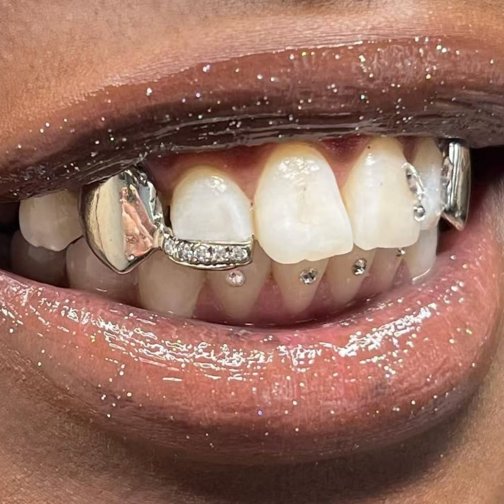 Grillz Hip-Hop Rock Symmetrical Fangs Zircon Braces Horizontal Bar Combination Personalized Dentures Men's Cross-Border Hip-Hop Accessories