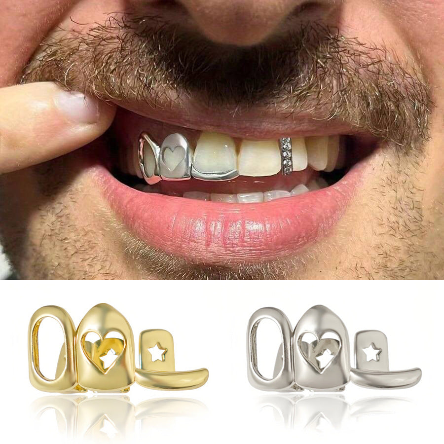 Grillz Hip-Hop Rock Love Braces Cross-border Hollow Triple Braces Heart-shaped Design Independent Braces Fashion Accessories Hip Hop Braces