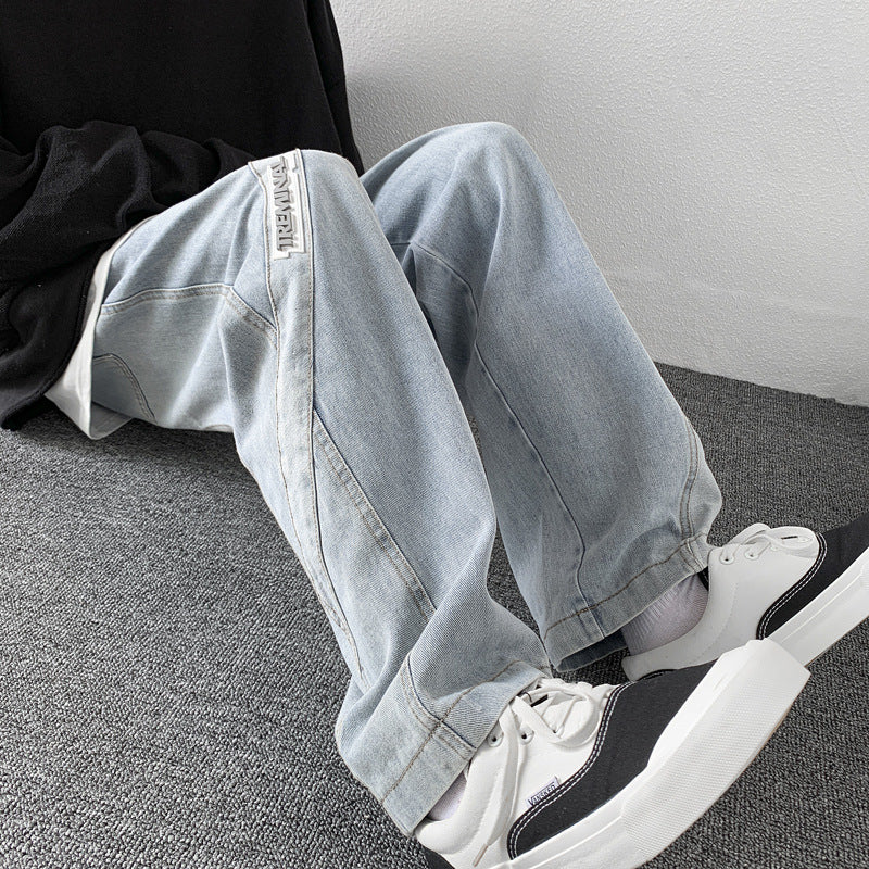 Men Jeans Washed Jeans Men's Casual Trousers Straight Loose Wide Leg Pants