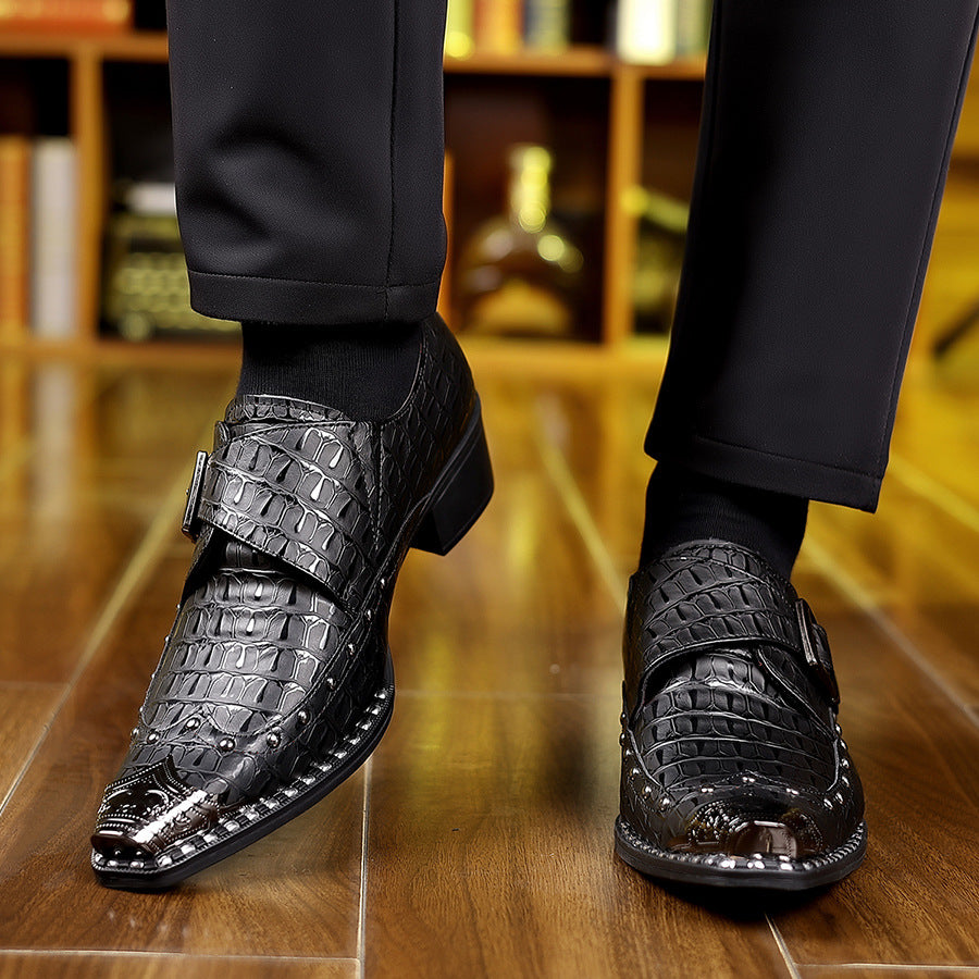 Men's dress shoes men's leather shoes crocodile pattern pointed shoes men's shoes light luxury high-end single buckle rivet casual small leather shoes