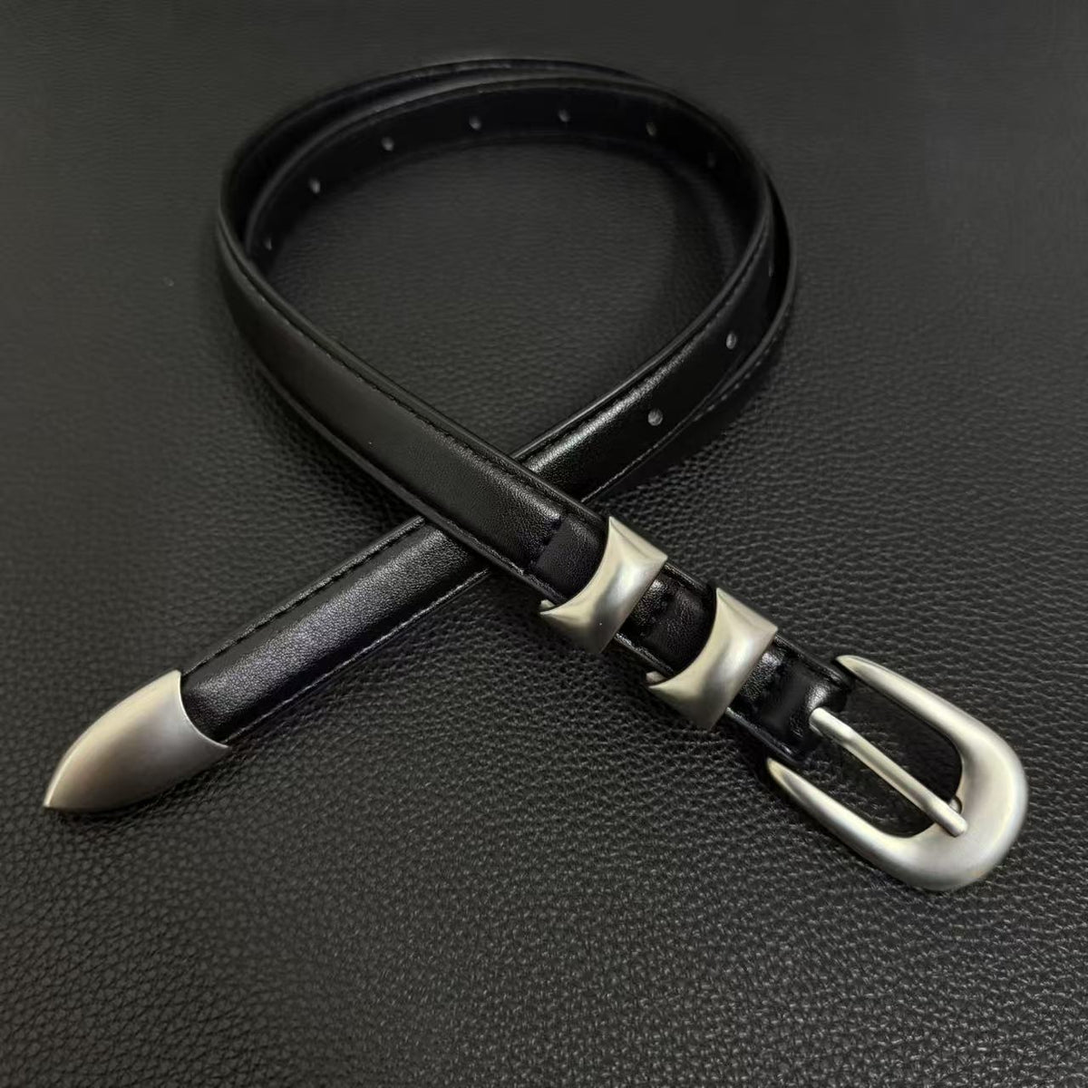 American vintage-style leather belt 2026 new silver buckle double lock ring pin buckle belt niche fashion simple versatile trend men's and women's jeans belt