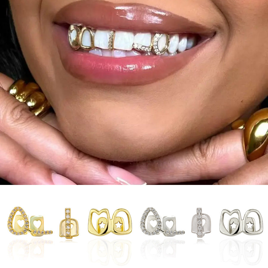Grillz Hip-Hop Rock Hollow Love Stick Drill Triple Braces Daily Out Cool Glossy Gold Teeth Hip Hop Versatile Accessories