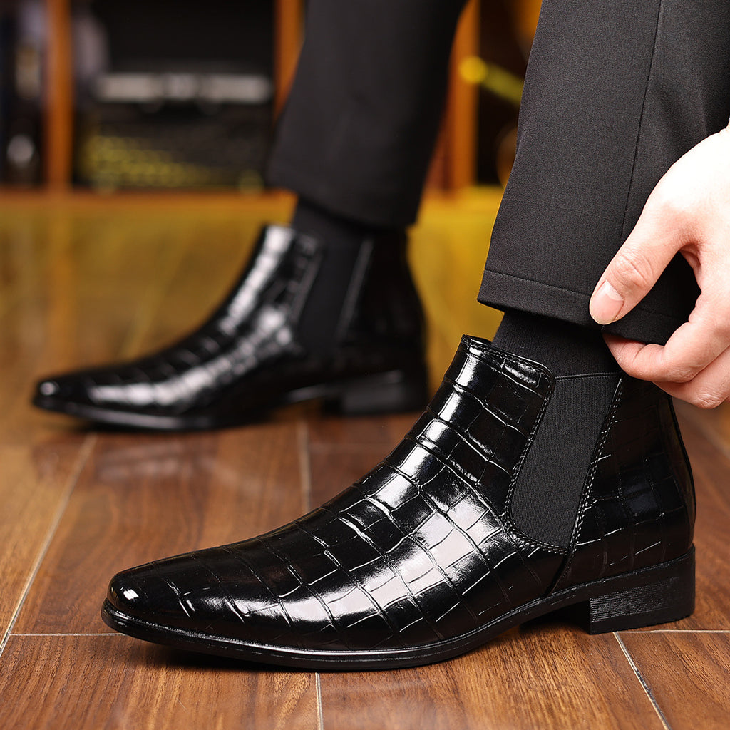 Men's dress shoes Chelsea boots glossy patent leather crocodile pattern elastic one-pedal men's shoes British style high-top men's shoes autumn and winter