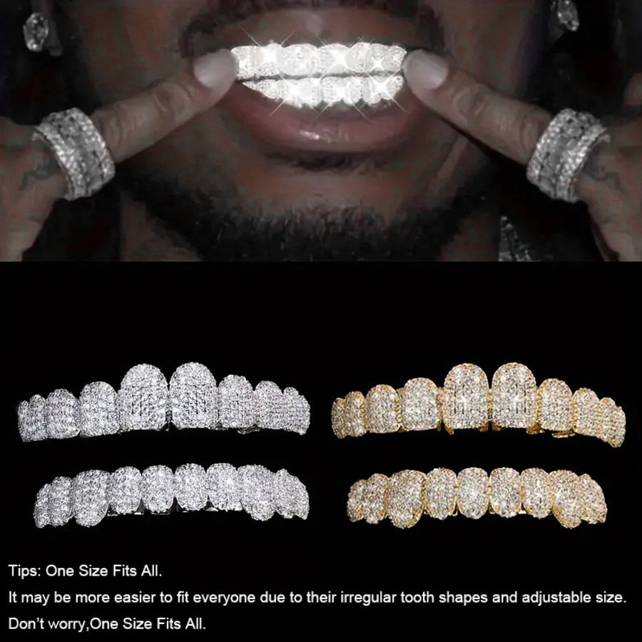 Grillz Hip-Hop Rock Braces Real Gold Plated 10 Tooth Microstudded Diamond HIPHOP Braces Halloween Hip Hop Ornament