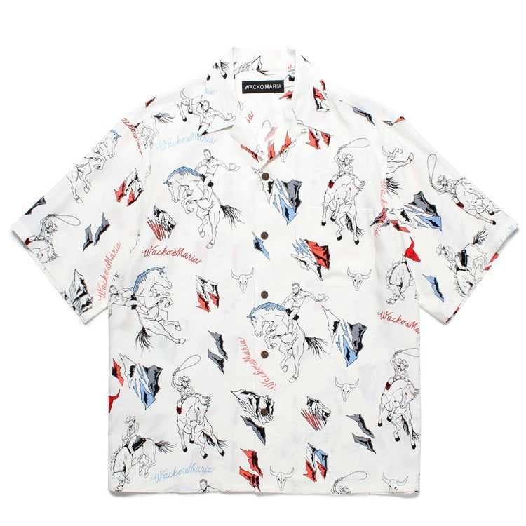 GUILTYPARTIES TIGER Shirts Western denim lasso casual rayon Hawaiian lapel short-sleeved shirt