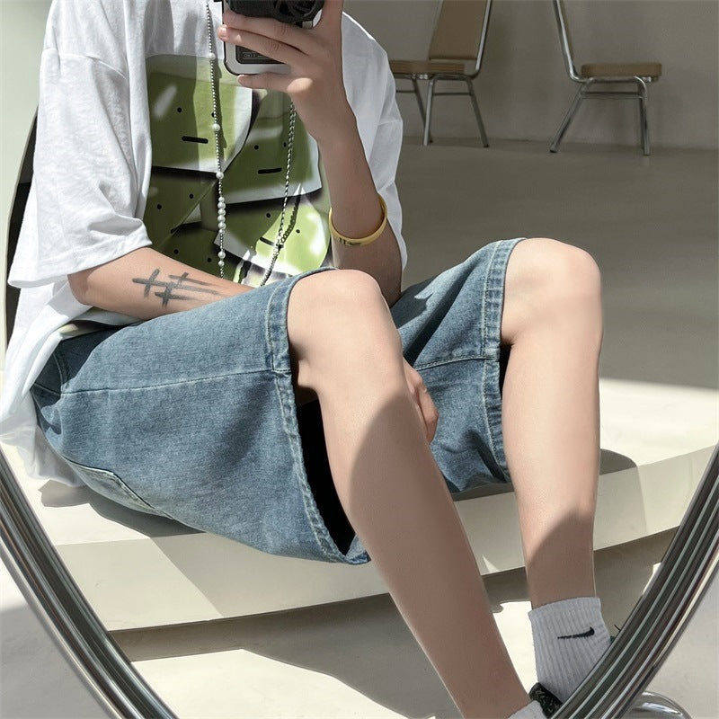 Men Jeans Smalt Denim Shorts Men's Summer Loose Straight Shorts