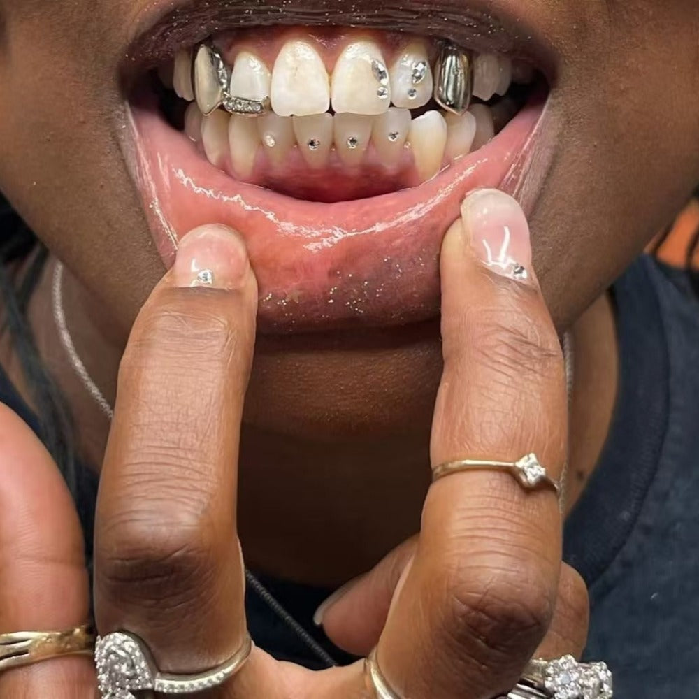 Grillz Hip-Hop Rock Symmetrical Fangs Zircon Braces Horizontal Bar Combination Personalized Dentures Men's Cross-Border Hip-Hop Accessories