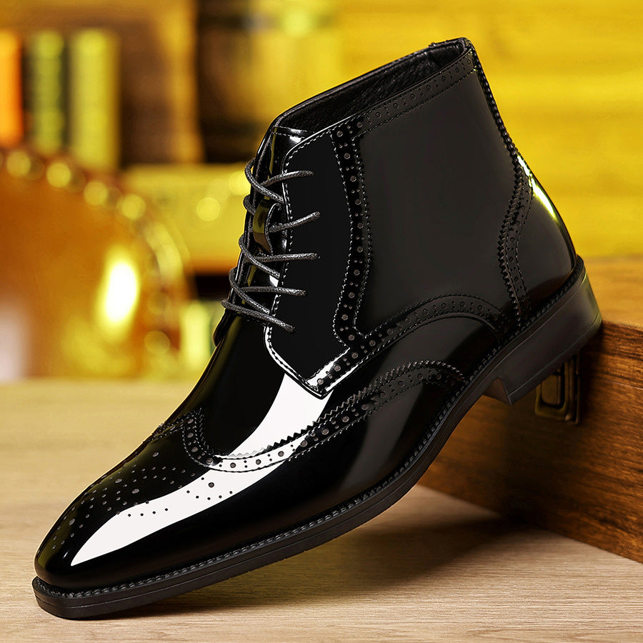 Men's dress shoes large size leather shoes men's splicing glossy high-top men's shoes trendy brand high-end wedding business men's dress shoes