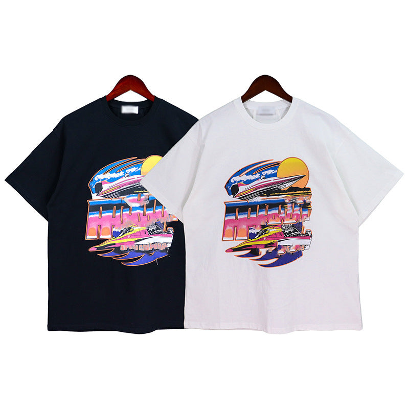 Rhude T Shirt Vintage Yacht Color Alphabet Print Short Sleeve T-Shirt