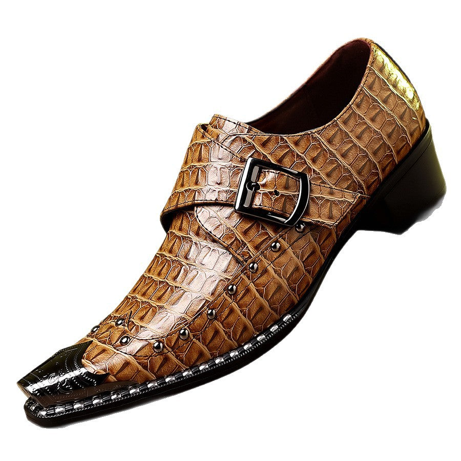 Men's dress shoes men's leather shoes crocodile pattern pointed shoes men's shoes light luxury high-end single buckle rivet casual small leather shoes