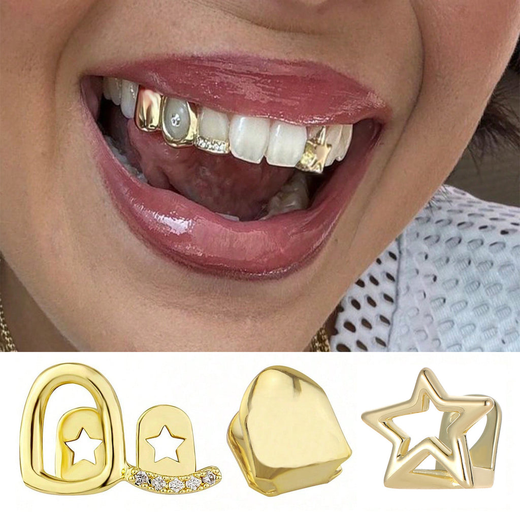 Grillz Hip-Hop Rock Hollow Single Hollow Bar Drill Triple Braces Daily Out Cool Glossy Gold Teeth Hip Hop Versatile Cross-border Accessories