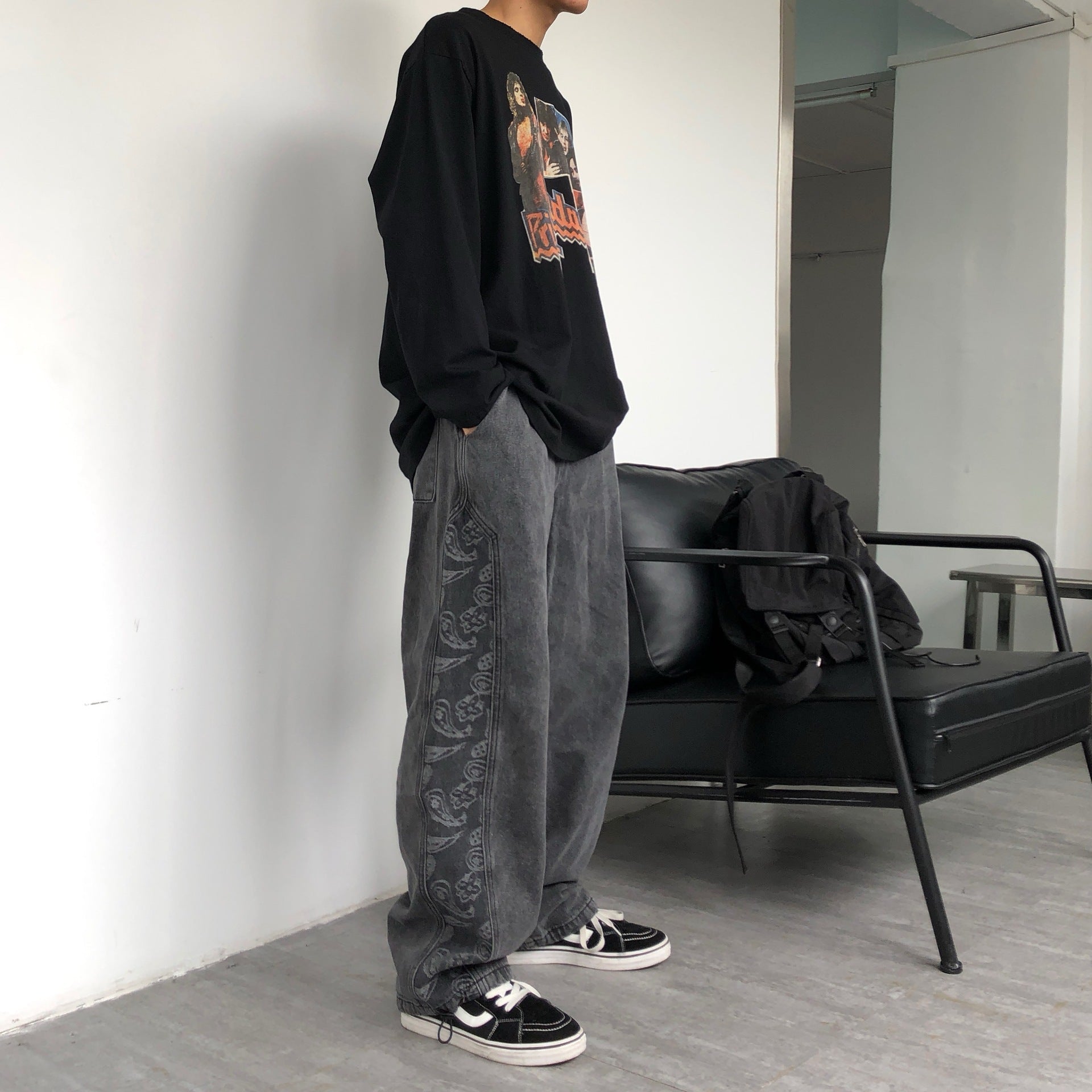 Men Jeans Washed Denim Trousers Elastic Waist Baggy Straight Trousers
