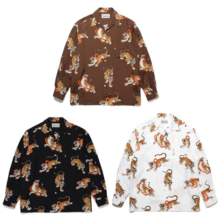 GUILTYPARTIES TIGER Long sleeved shirt TIM LEHI Downhill Tiger Fire Ring Tiger, Hawaiian Long Sleeve Shirt Men