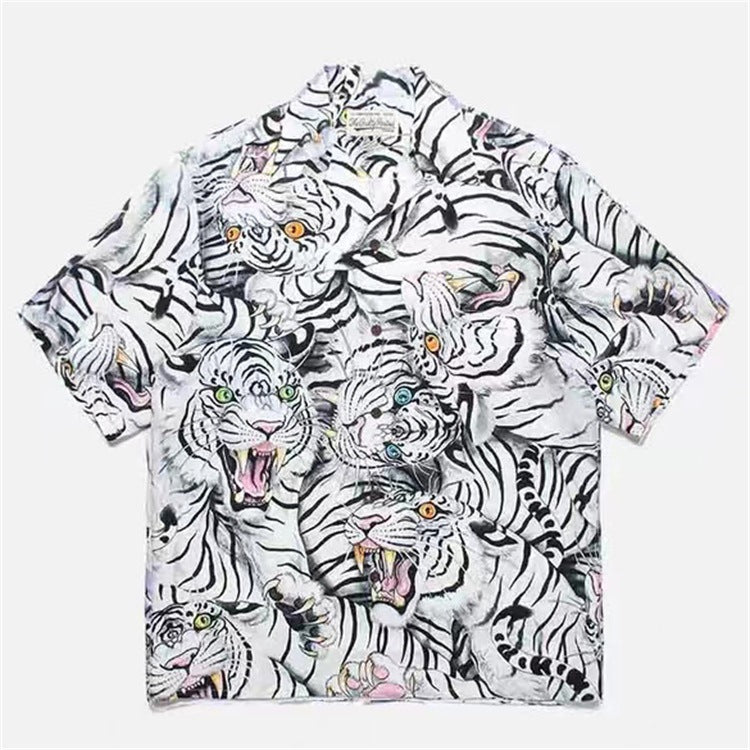 GUILTYPARTIES TIGER Shirts Summer Festival Black Eyed Tiger Flowing Cloud Hawaiian Short Sleeve Shirt Men