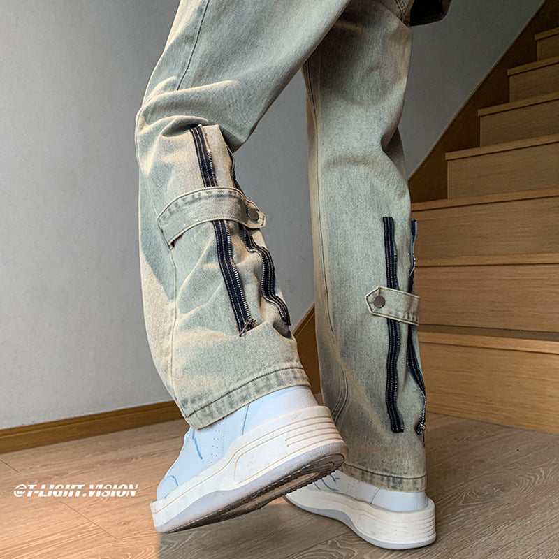 Men Jeans Zipper Jeans Men's Spring Retro Loose Wide Leg Straight Casual Trousers