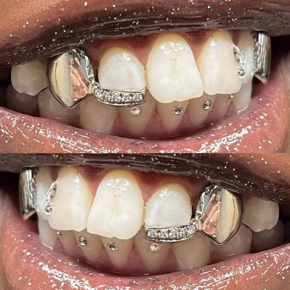 Grillz Hip-Hop Rock Symmetrical Fangs Zircon Braces Horizontal Bar Combination Personalized Dentures Men's Cross-Border Hip-Hop Accessories