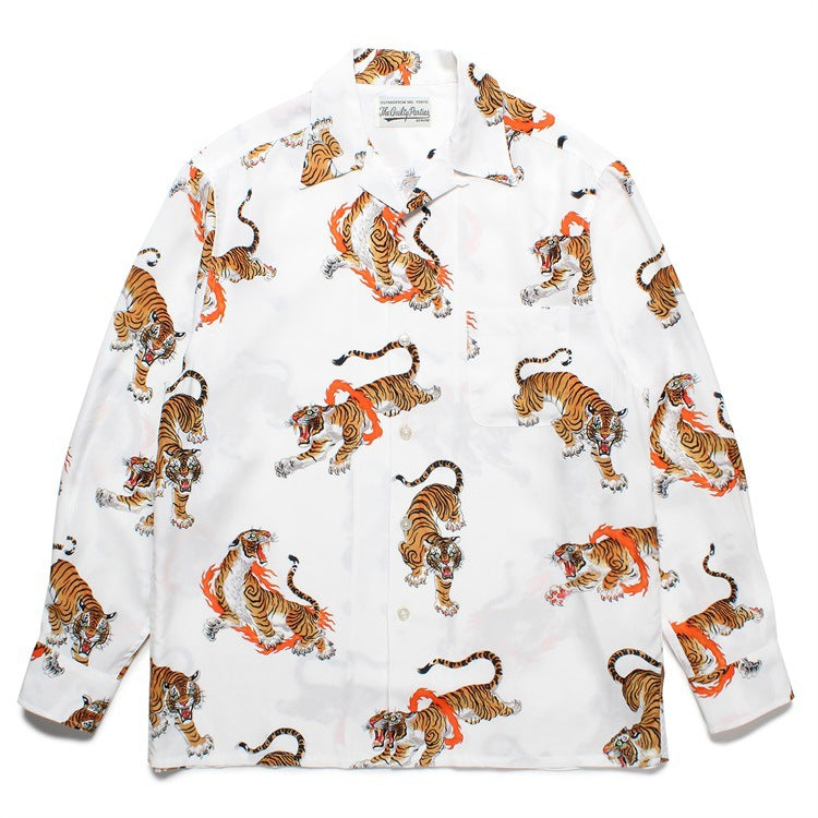 GUILTYPARTIES TIGER Long sleeved shirt TIM LEHI Downhill Tiger Fire Ring Tiger, Hawaiian Long Sleeve Shirt Men