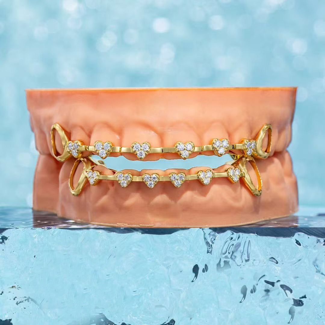 Grillz Hip-Hop Rock Hip-Hop Braces Real Gold Plated 8-tooth Micro-inlaid Love Full Diamond Cross-border HIPHOP Braces Halloween Hip-Hop Ornaments
