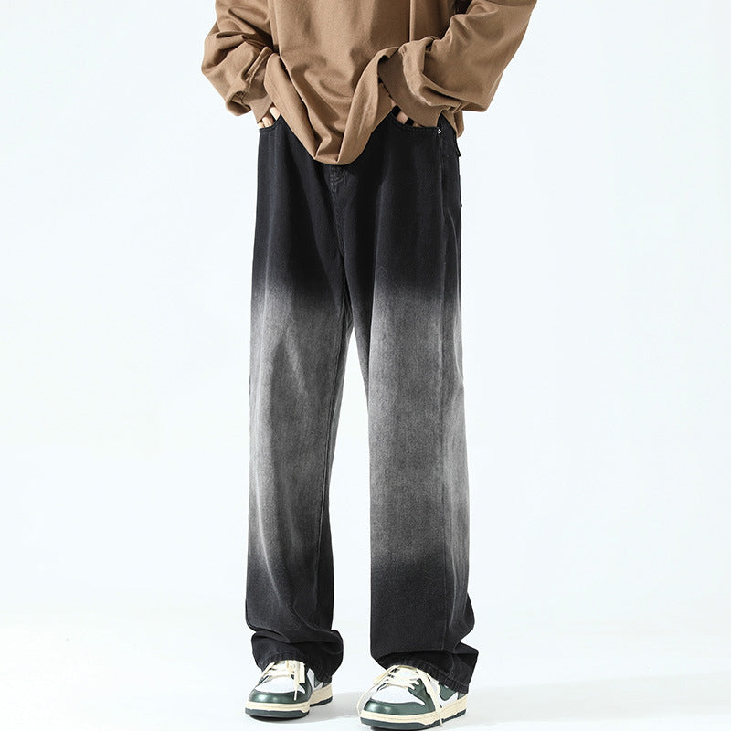 Men Jeans Loose Straight Autumn and Winter Washed Wide Leg Casual Trousers