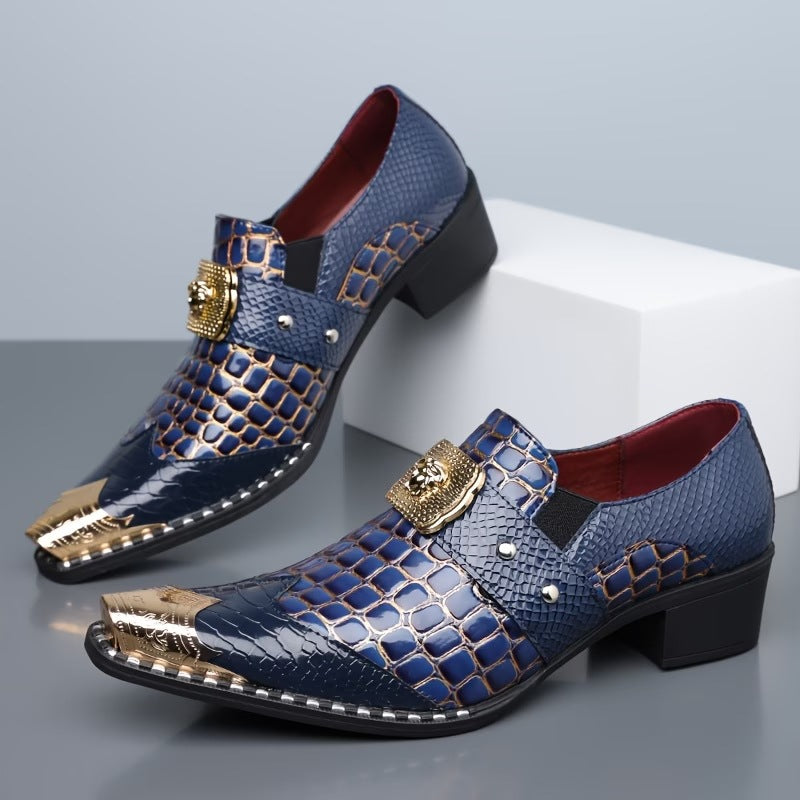 Men's dress shoes large size leather shoes men's British style crocodile pattern glossy business shoes metal iron head men's shoes light luxury high sense