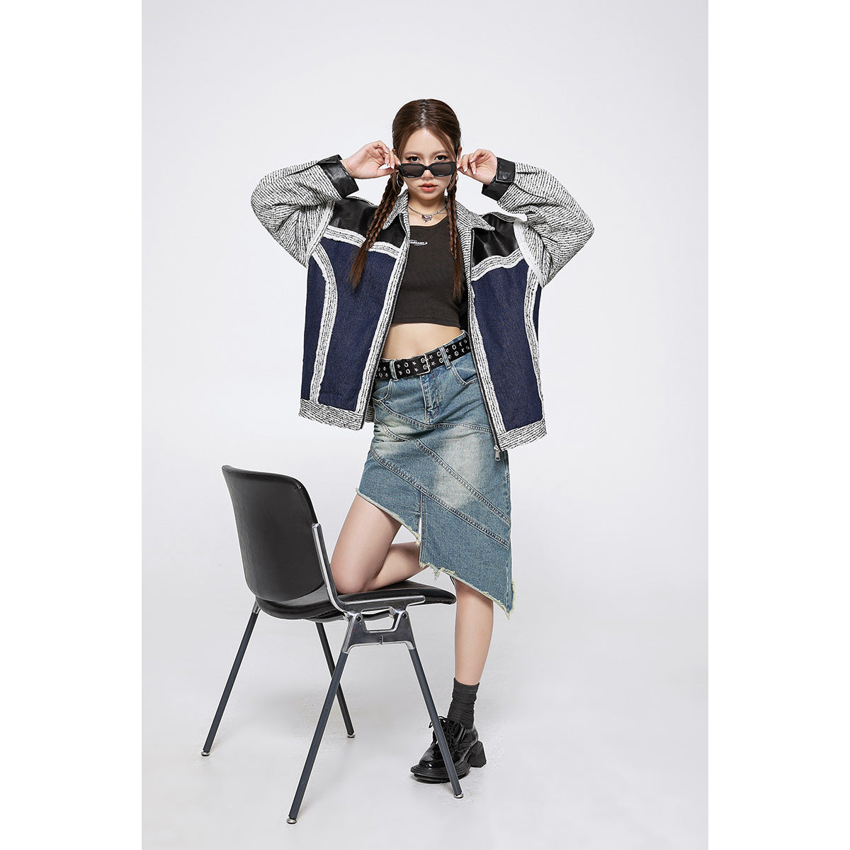 Unisex Jacket Western Denim Style Coat Retro Patchwork Denim Clothes Jacket Men's and Women's Loose Cardigan