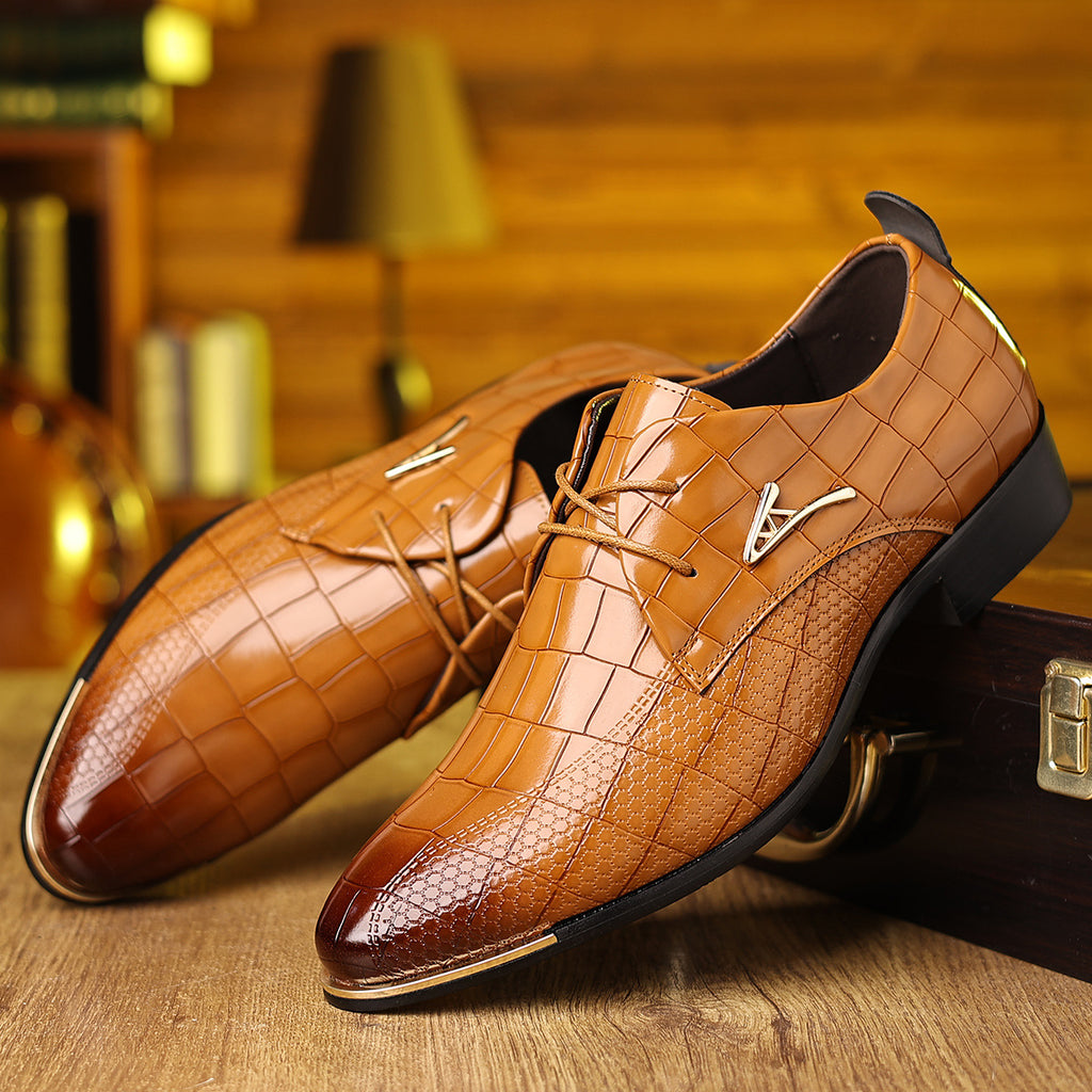 Men's dress shoes glossy crocodile pattern leather shoes men's pointed head lace-up multi-color shoes men's shoes trendy brand high-end wedding shoes