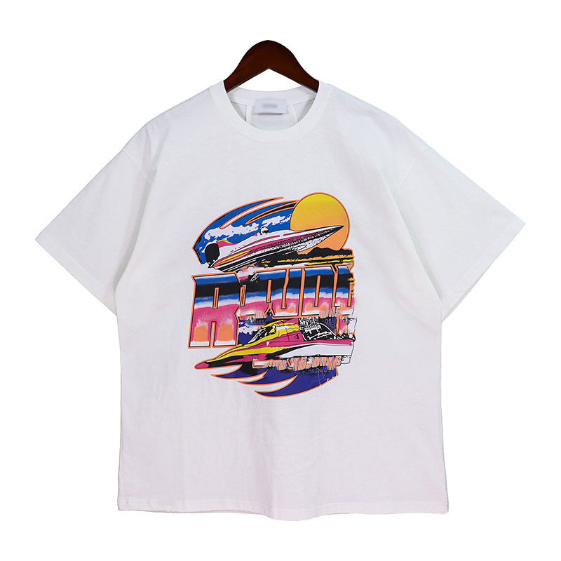 Rhude T Shirt Vintage Yacht Color Alphabet Print Short Sleeve T-Shirt
