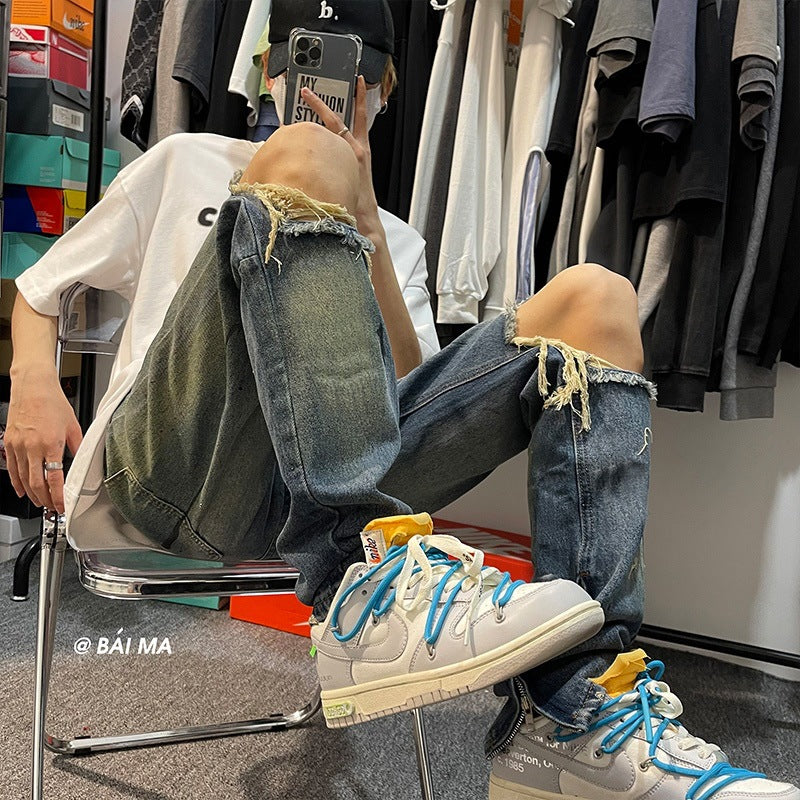 Men Jeans Retro Washed Make Old Ripped Jeans Zipper Trousers