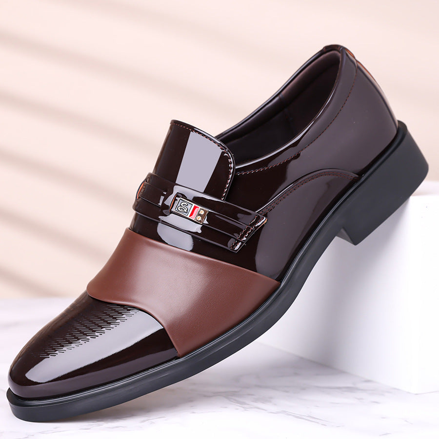 Men's dress shoes leather shoes men's glossy splicing men's dress shoes wedding business banquet autumn and winter men's shoes trendy brand high sense