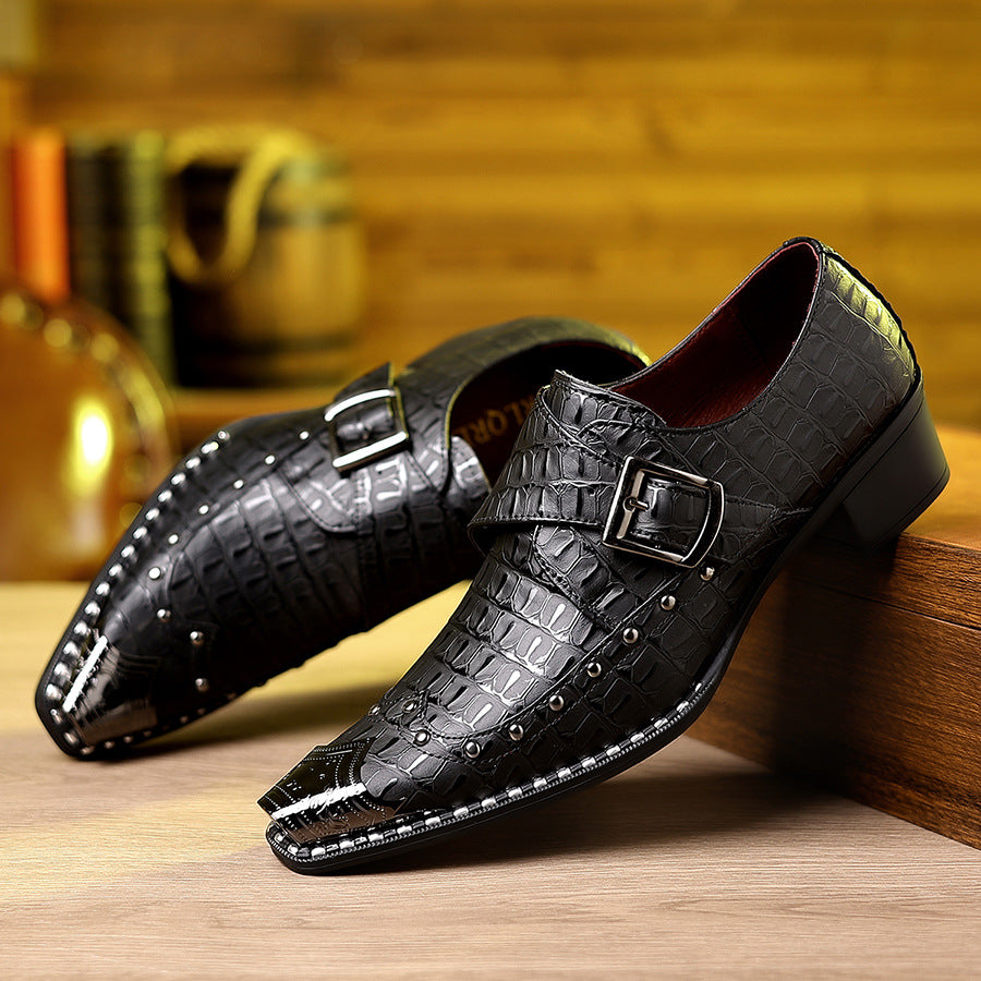 Men's dress shoes men's leather shoes crocodile pattern pointed shoes men's shoes light luxury high-end single buckle rivet casual small leather shoes