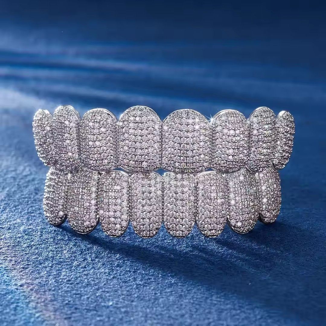 Grillz Hip-Hop Rock European and American Hip Hop Braces Real Gold Plated 10 Tooth Micro-studded Diamond Cross-border Hiphop Braces Halloween Hip Hop Ornaments