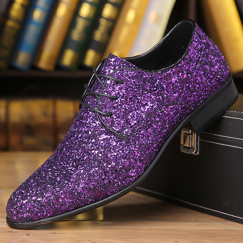 Men's dress shoes large size leather shoes men's sequined pointed lace-up black shoes British style business wedding men