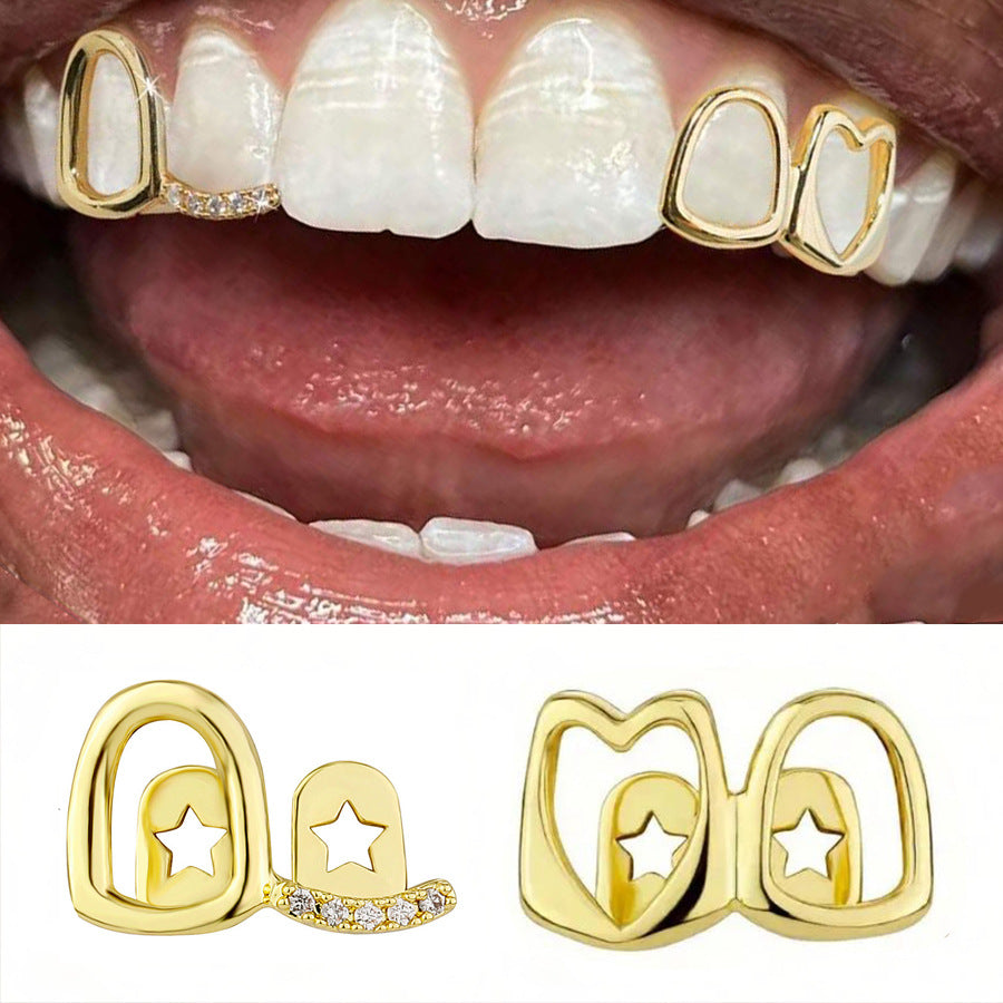Grillz Hip-Hop Rock Hollow Love Stick Drill Double Braces Daily Out Cool Glossy Gold Teeth Hip Hop Versatile