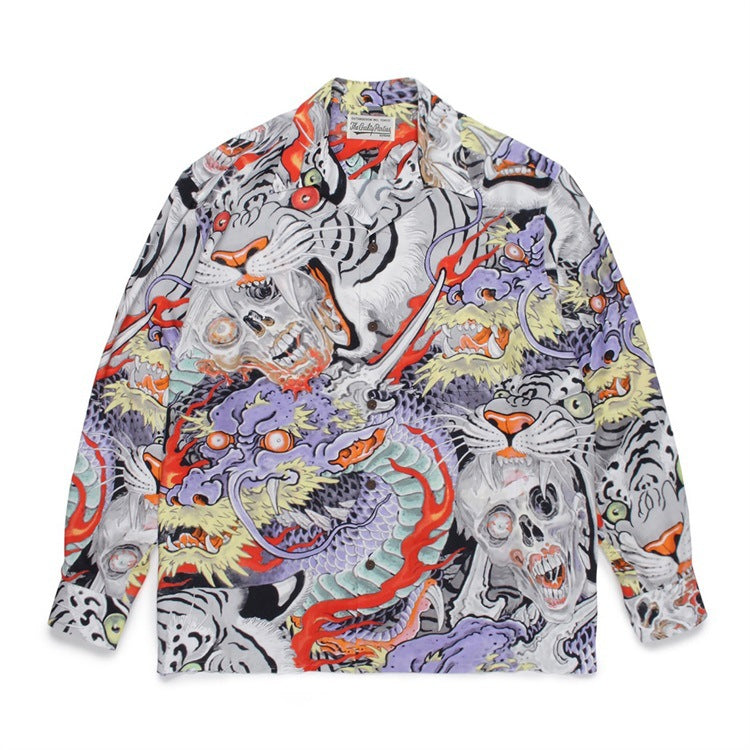 GUILTYPARTIES TIGER Long sleeved shirt Eye strap attention tiger totem skull Hawaiian long sleeved shirt