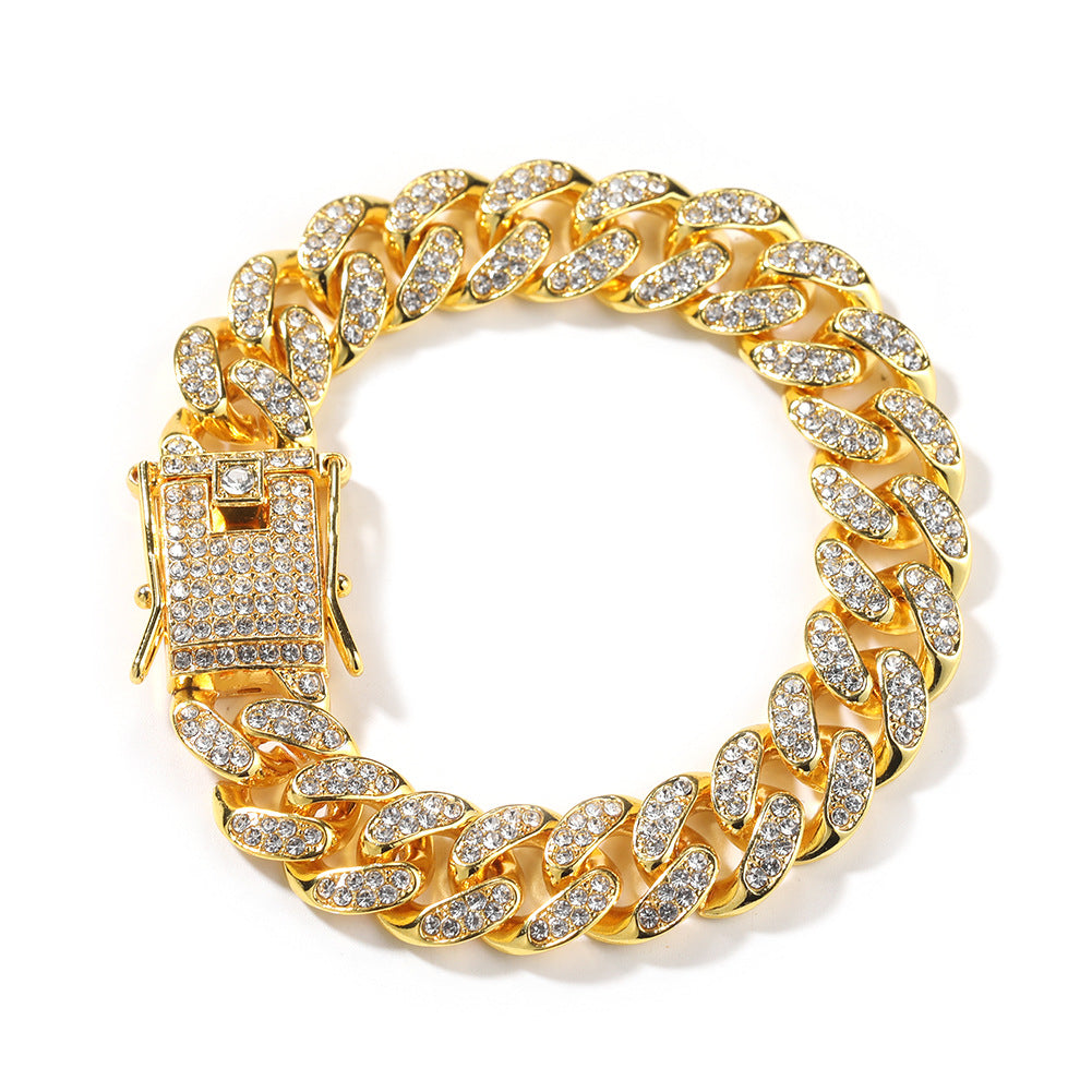 Bracelet Hip Hop 12mm Alloy Bracelet with Diamonds Cuban Chain Royalty Spectrum Cannabis
