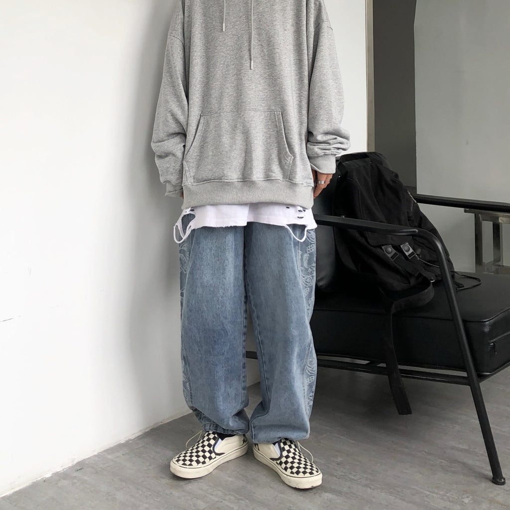 Men Jeans Washed Denim Trousers Elastic Waist Baggy Straight Trousers