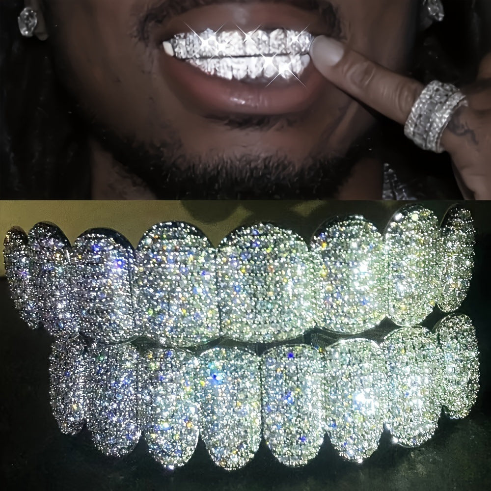Grillz Hip-Hop Rock European and American Hip Hop Braces Real Gold Plated 10 Tooth Micro-studded Diamond Cross-border Hiphop Braces Halloween Hip Hop Ornaments