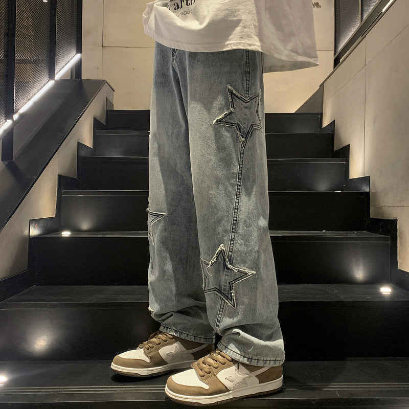 Men Jeans Straight-Leg Denim Trousers Autumn and Winter Loose