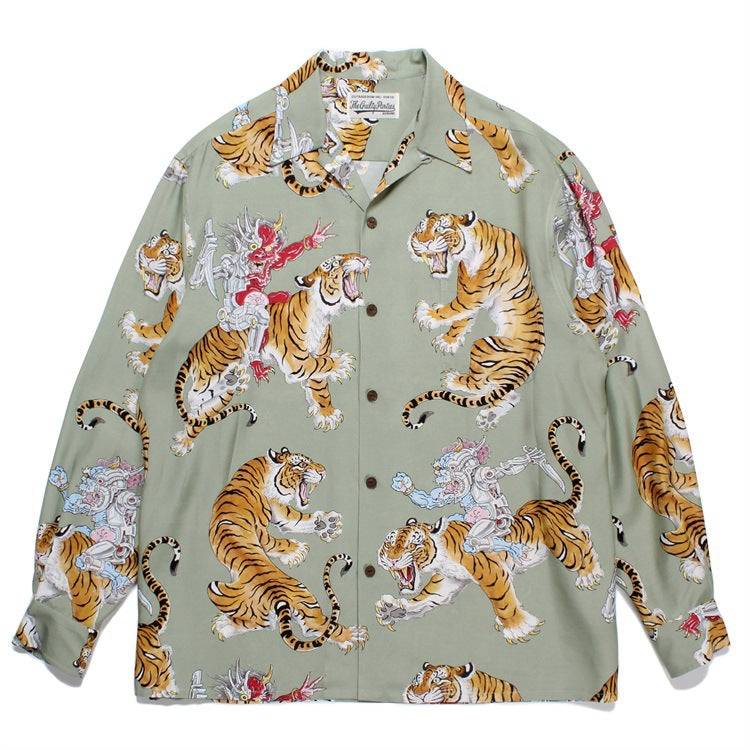 GUILTYPARTIES TIGER Long sleeved shirt Mechanical Ghost Riding Tiger Hawaiian Rayon Long Sleeve Shirt