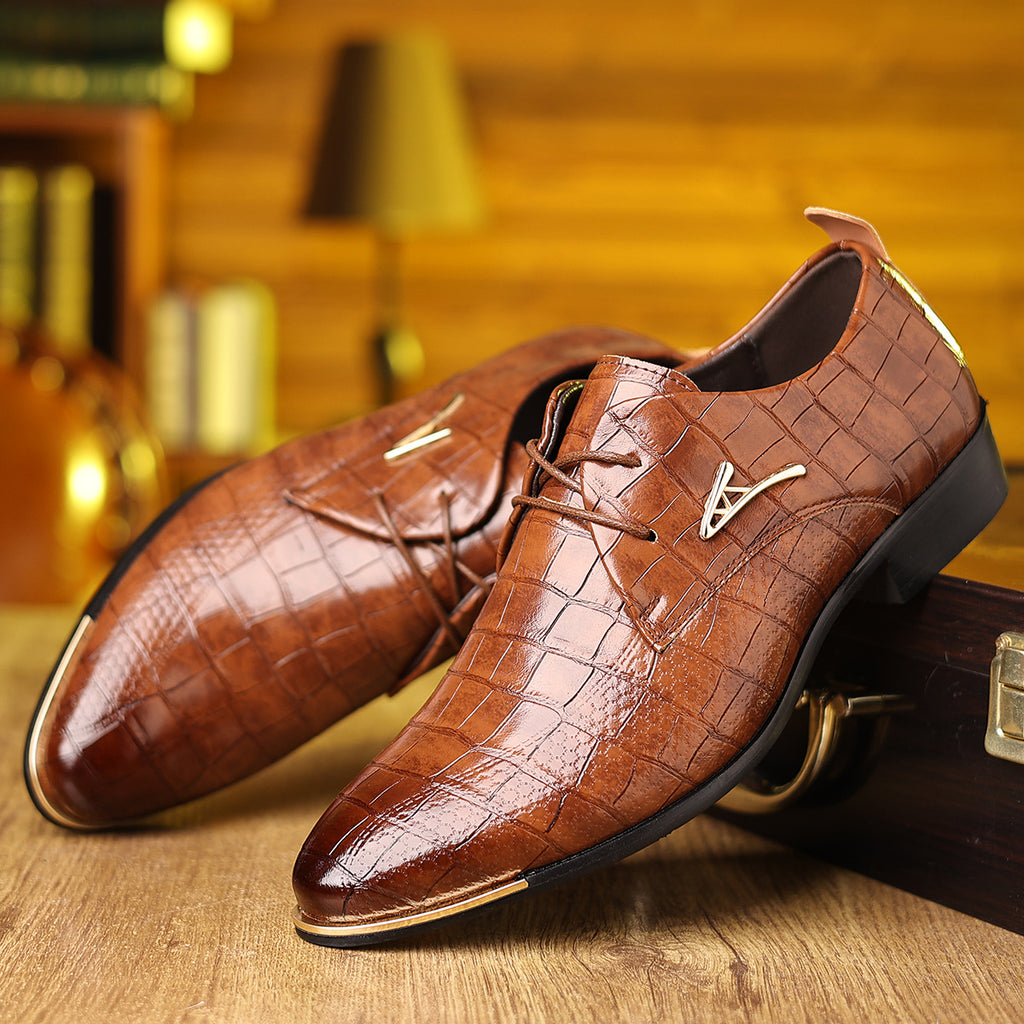 Men's dress shoes glossy crocodile pattern leather shoes men's pointed head lace-up multi-color shoes men's shoes trendy brand high-end wedding shoes