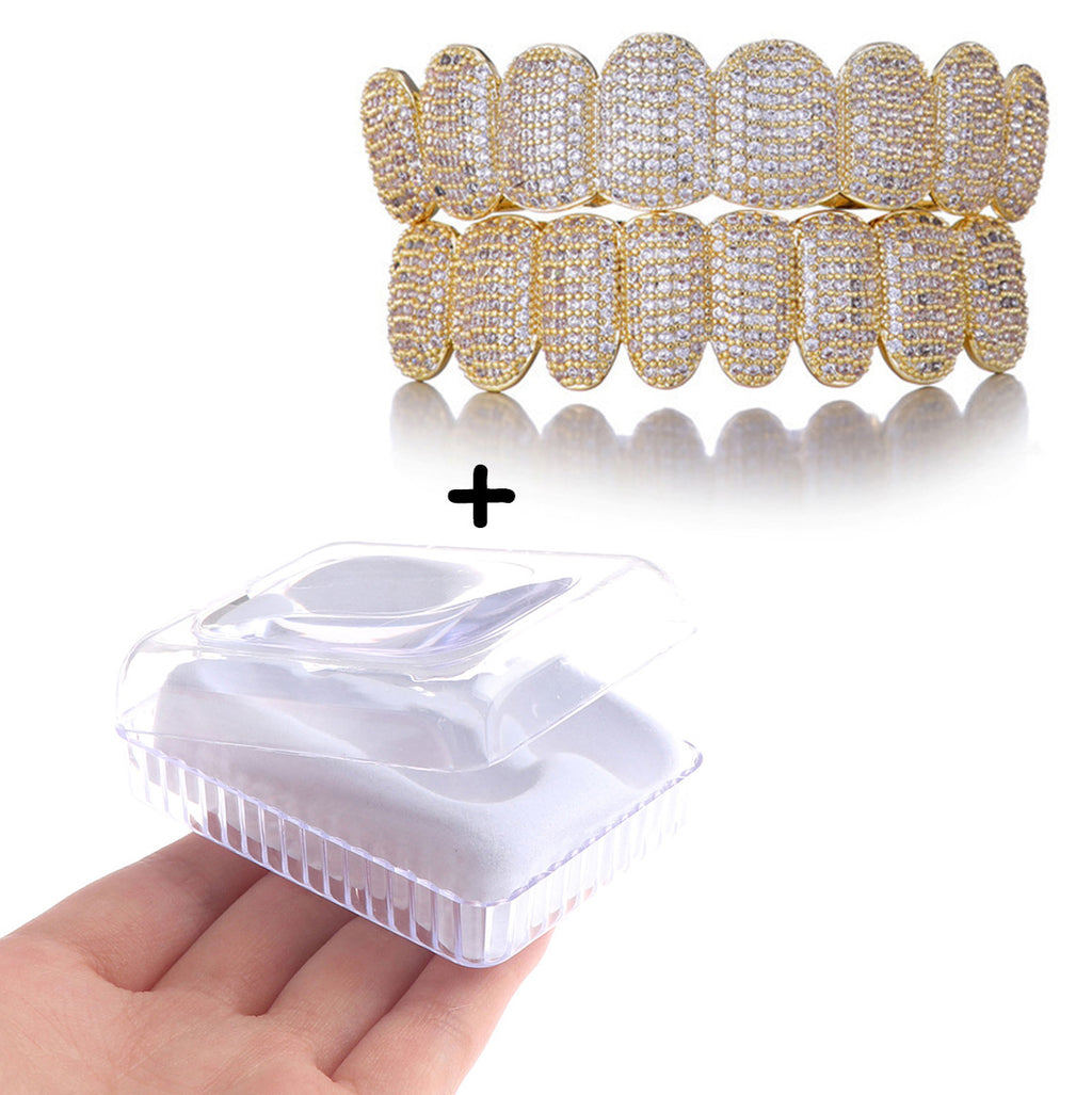 Grillz Hip-Hop Rock European and American Hip Hop Braces Real Gold Plated 10 Tooth Micro-studded Diamond Cross-border Hiphop Braces Halloween Hip Hop Ornaments
