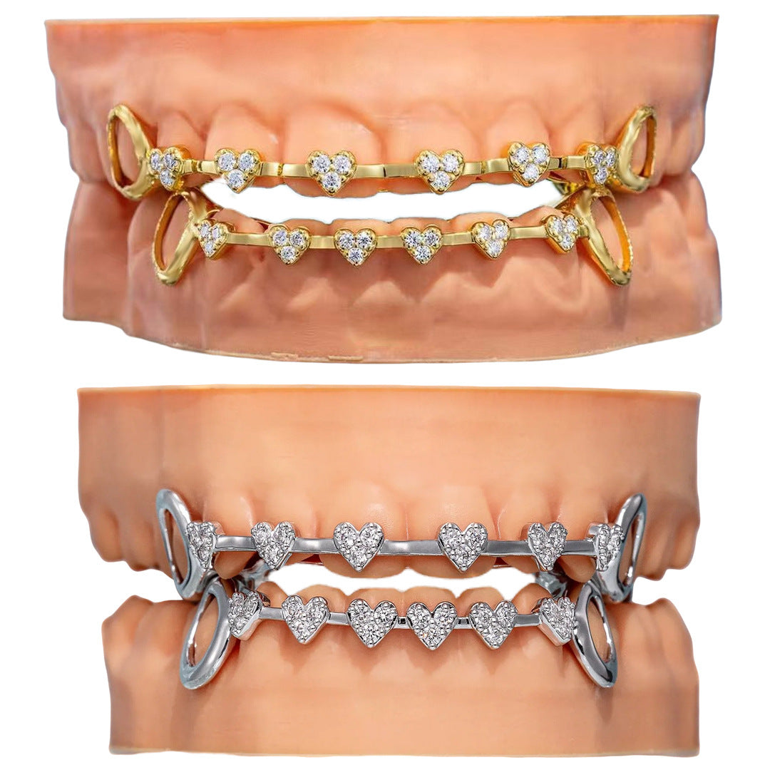 Grillz Hip-Hop Rock Hip-Hop Braces Real Gold Plated 8-tooth Micro-inlaid Love Full Diamond Cross-border HIPHOP Braces Halloween Hip-Hop Ornaments