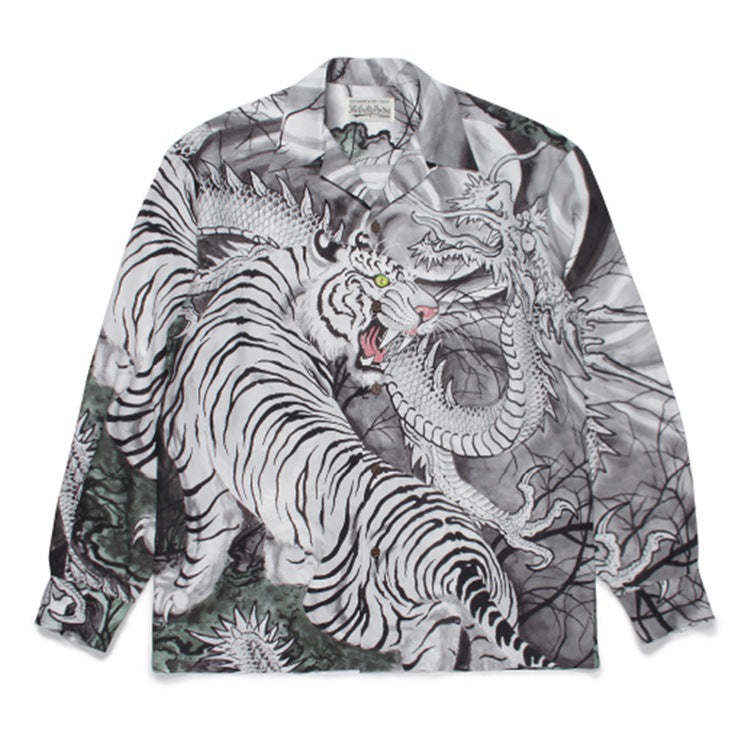 GUILTYPARTIES TIGER Long sleeved shirt Hawaiian dragon and tiger fight, tiger print long-sleeved shirt men and women