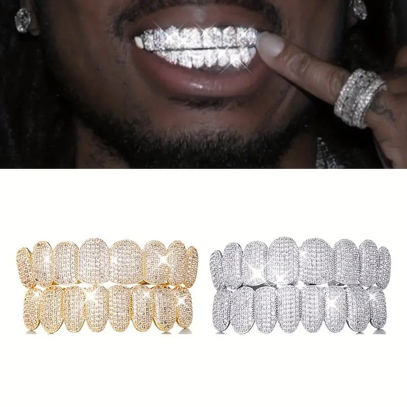 Grillz Hip-Hop Rock European and American Hip Hop Braces Real Gold Plated 10 Tooth Micro-studded Diamond Cross-border Hiphop Braces Halloween Hip Hop Ornaments
