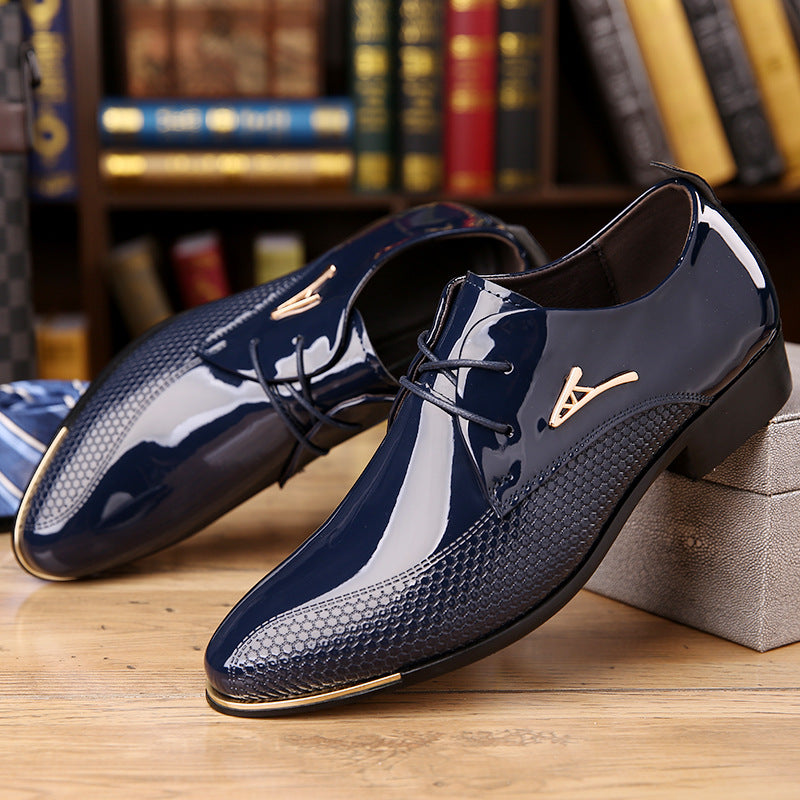 Men's dress shoes large size men's leather shoes metal decorative label glossy patent leather shoes men's wedding men's shoes trendy brand
