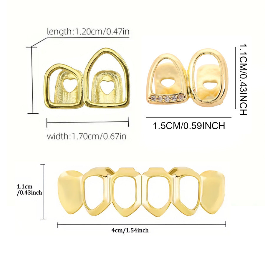 Grillz Hip-Hop Rock Hollow Double Hollow Bar Drill Triple Braces Daily Out Cool Glossy Gold Teeth Hip Hop Versatile Cross-border Accessories