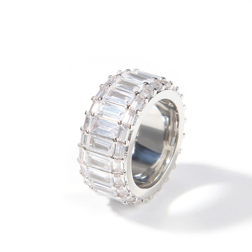 Rings ins Wind Three Row T Square Zircon Hip Hop Ring Spectrum St. Valentine's