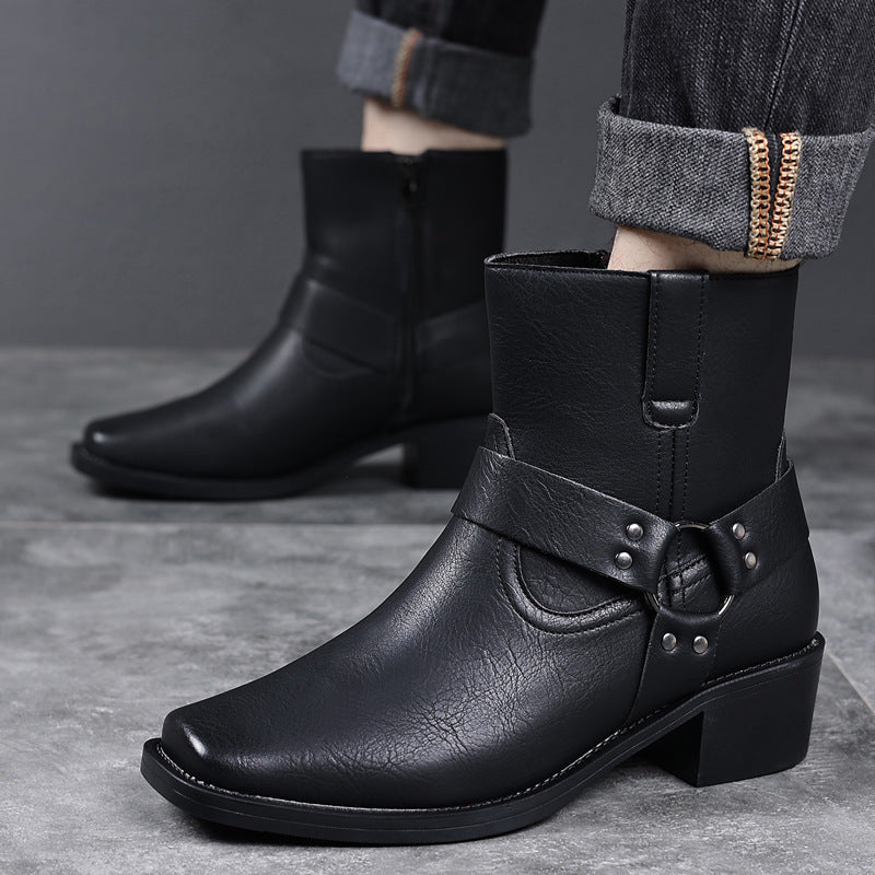 Men's dress shoes Men's leather boots Vintage British high-top short boots Rivets Metal buckle side zipper Thick heel Square head